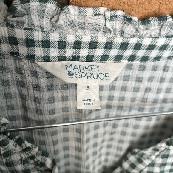 Market & Spruce Button Front Tie Waist Green & White Checkered Gingham Size M - Picture 2 of 6